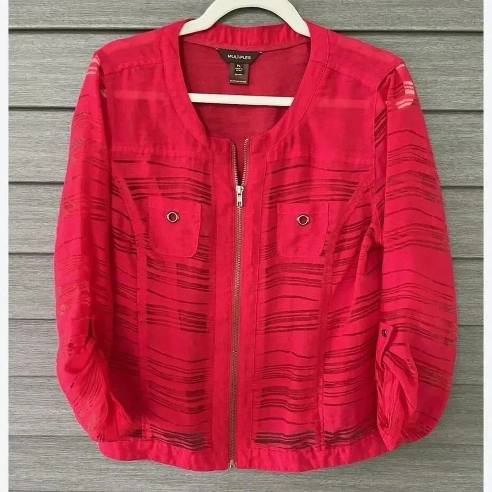 Multiples plus size 1X red lightweight partly sheer jacket rayon/nylon blend
